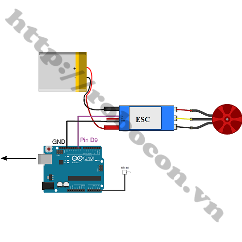 Sơ đồ đấu nối mạch ESC với arduino để điều khiển tốc độ động cơ