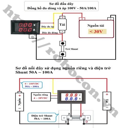 Đồng Hồ Đo Dòng Đo Áp 0-100VDC/50A Có Trở Shunt Đi Kèm