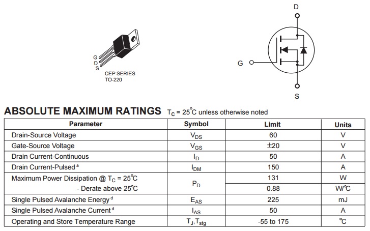 Mosfet 50N06 To220 N-CH 60V 50A