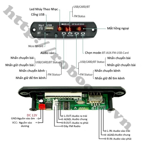 Chức Năng Module Mạch Giải Mã MP3 + FM + Bluetooth 5.0 12VDC JQ D098BT