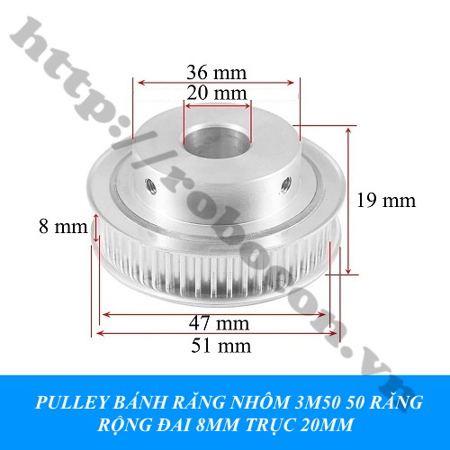 PULLEY BÁNH RĂNG NHÔM 3M50 50 RĂNG RỘNG ĐAI 11MM TRỤC 20MM 