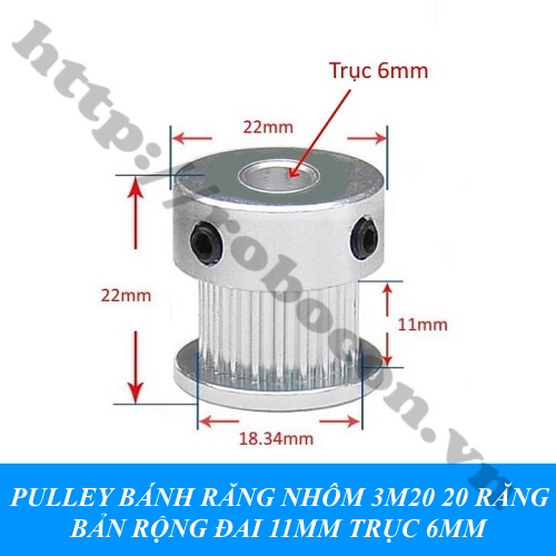 PKK733 Pulley Bánh Răng Nhôm 3M20 20 Răng Bản Rộng Đai 11mm Trục 6mm