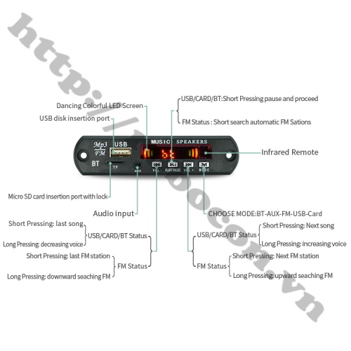 Sơ Đồ Module Mạch Giải Mã MP3 + FM + Bluetooth 5.0 5VDC JQ D098BT