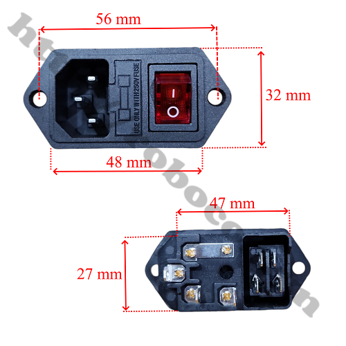 CO218 Jack Nguồn AC09 3 Chân 220V Có Công Tắc, Có Khe Cắm Cầu Chì