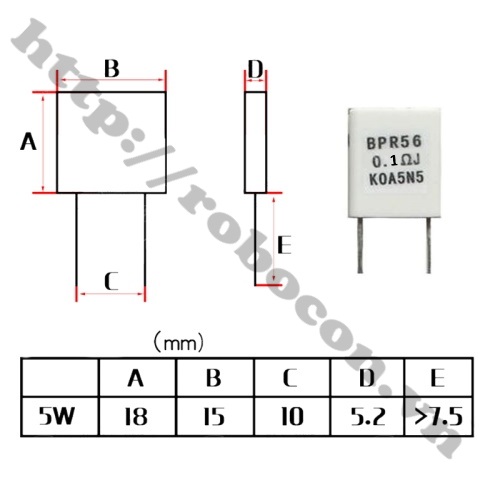 Kích Thước Điện Trở Sứ KOA5N5 BPR56 0.1 OHM 0.1R 5W 5% Chân Đứng