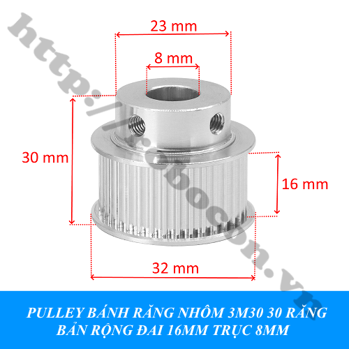 Pulley Bánh Răng Nhôm 3M30 30 Răng Bản Rộng Đai 16mm Trục 8mm 