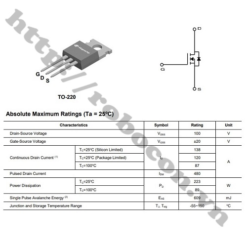 Mosfet MDP1991 120A 100V Kênh N TO-220 Chính Hãng MAGNACHIP 