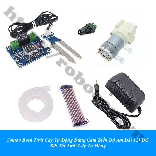 Combo Bơm Tưới Cây Tự Động Dùng Cảm Biến Độ Ẩm Đất 12VDC, Bật Tắt Tưới Cây Tự Động